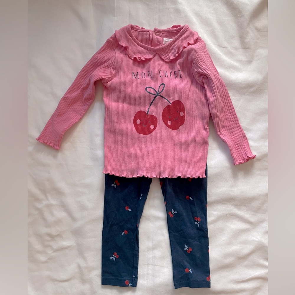 PRIMARK Baby Cherry Print Matching Set Long Sleeve Shirt & Leggings 18-24M